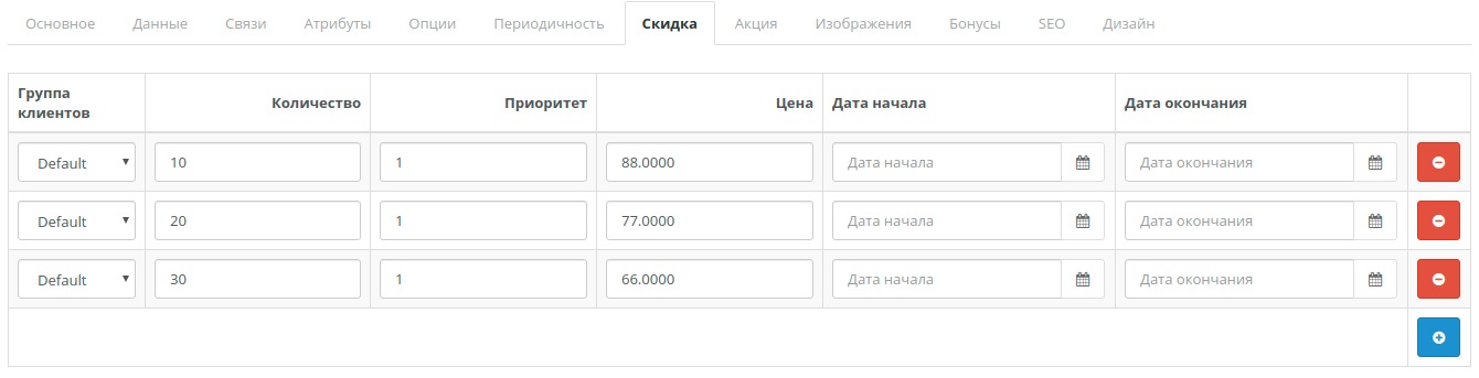 Вкладка Скидка CMS Open Cart